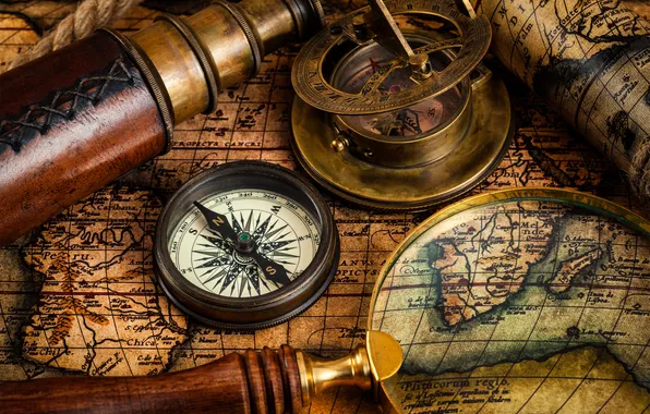 Map, compass, telescope