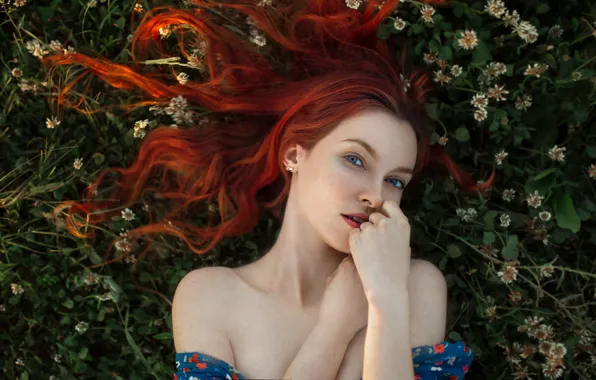 Picture flowers, beautiful, girl, red, blue eyes, grass