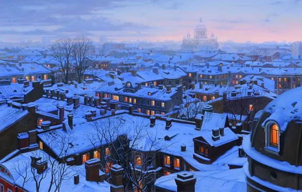 Picture winter, snow, the city, home, the evening, roof, Saint Petersburg, Cathedral