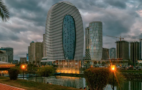 Clouds, the city, construction, building, home, the evening, lighting, lights