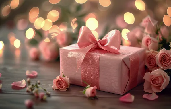 Flowers, lights, holiday, box, gift, roses, bouquet, petals