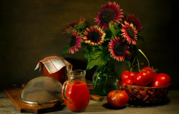 Flowers, tomatoes, Still life, tomato juice, photographer Vera Lopatina