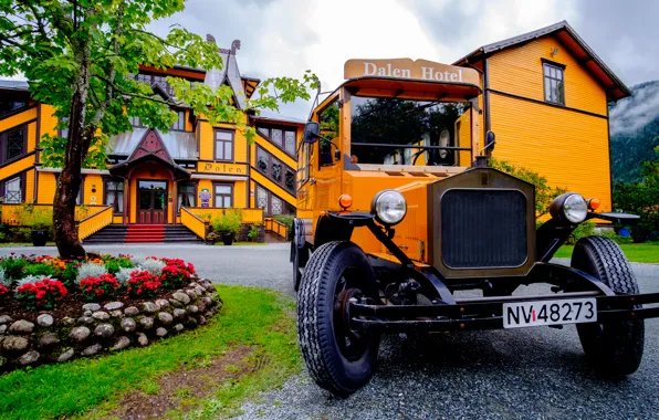 Picture trees, Norway, bus, flower garden, Dalen Hotel, hotel valley