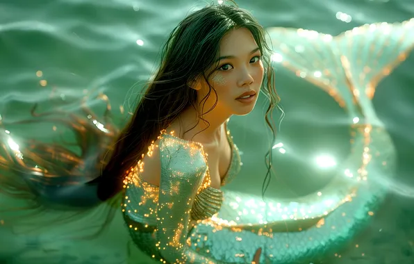 Picture Water, Girl, Look, Mermaid, Hair, Tail, Digital art, AI art