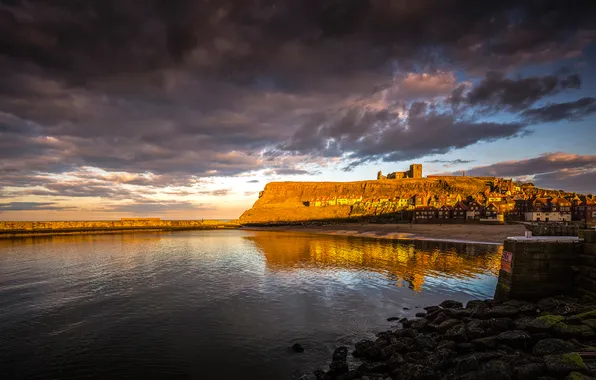 Light, clouds, reflection, stones, castle, rocks, shore, dal