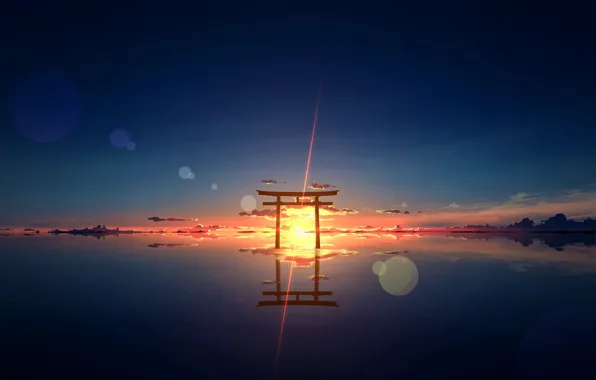Water, the sun, sunset, nature, torii