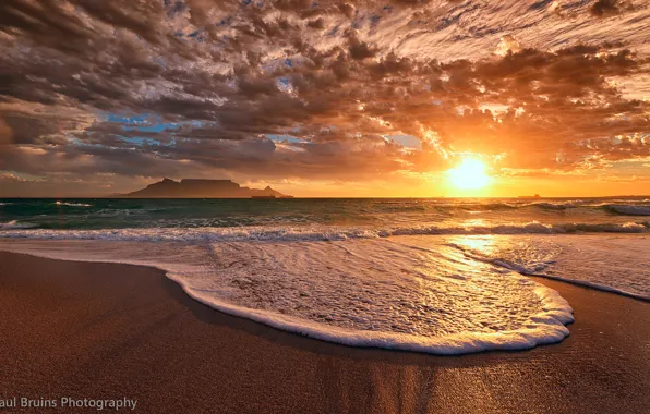 Beach, the sky, foam, the sun, clouds, sunset, the ocean, the evening