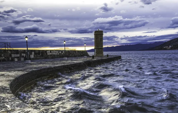 Picture sea, the sky, clouds, coast, lighthouse, Croatia, Croatia, Lika-Senj