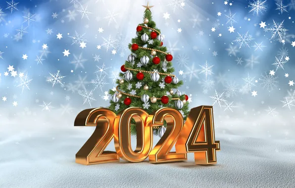 Winter, snow, balls, tree, New Year, Christmas, figures, golden