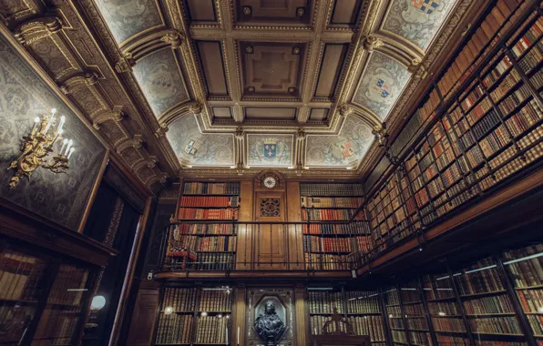 Watch, books, candles, the ceiling, library, bust