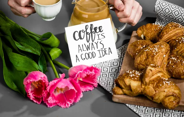 Coffee, Breakfast, Cup, tulips, pink, cup, tulips, coffee