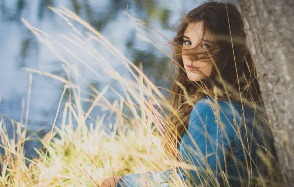 Grass, look, girl, trees, nature, lake, mood, the wind