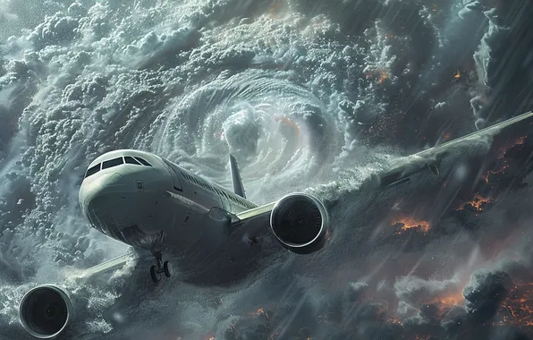 Picture The plane, Flight, Rain, Clouds, Hurricane, The portal, AI art, The Art of Artificial Intelligence