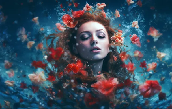 Girl, flowers, face, image, digital art, AI art, neural network, the art of artificial intelligence