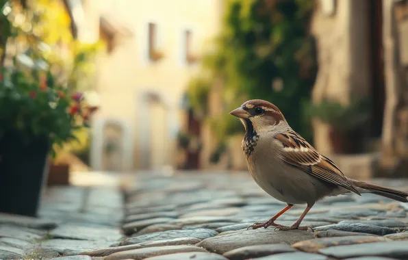Road, the city, house, stones, bird, street, tile, the building
