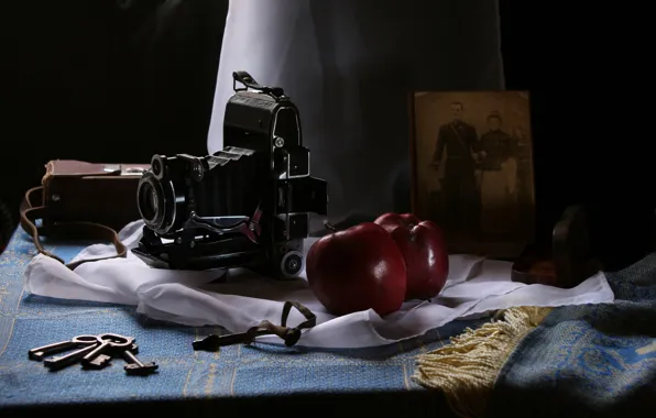 Old, style, retro, the dark background, table, photo, apples, the camera