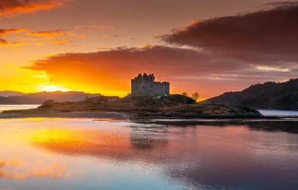 The sky, the sun, sunset, clouds, river, castle, hills, shore