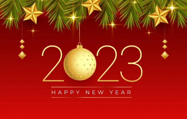 Wallpaper gold, balls, date, figures, 2023, red background, Sinaia, needles