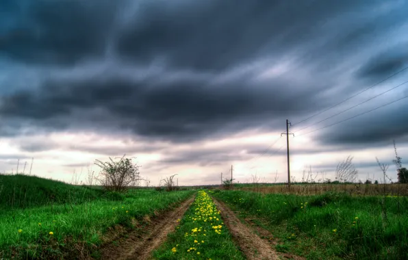 Picture road, field, grass, clouds