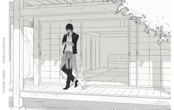 Kitty, guy, veranda, wooden house, Touken Ranbu, Dance of swords, Ookurikara, monochrome gamma