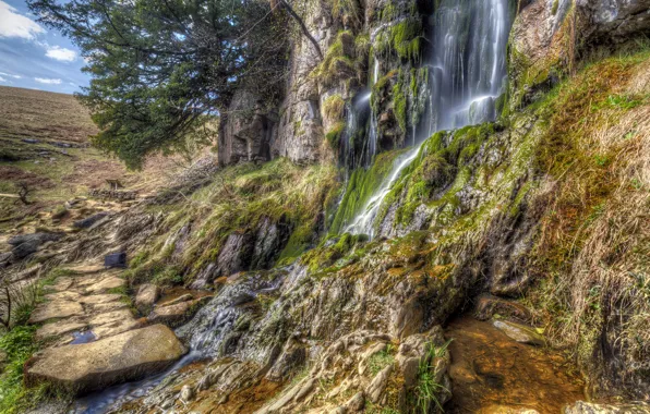 Field, rock, stones, waterfall, moss, HDR, UK, Thorton Force Waterfall