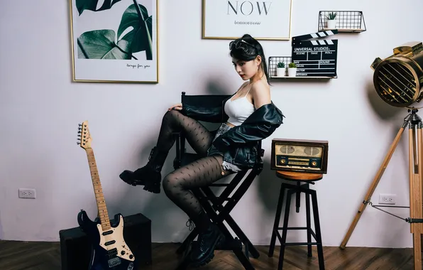 Guitar, Asian, long hair, ponytail, model, chair, women, sitting