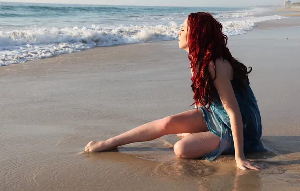 Sand, wave, the sky, girl, face, wet, profile, red hair