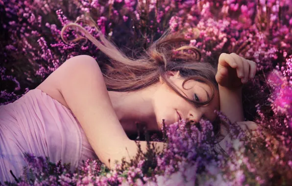 Summer, look, girl, flowers, nature, face, pose, glade