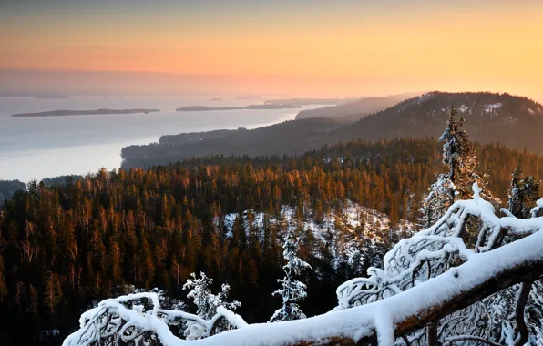 Picture snow, mountains, winter, trees, shore, Bay, panorama, Finland