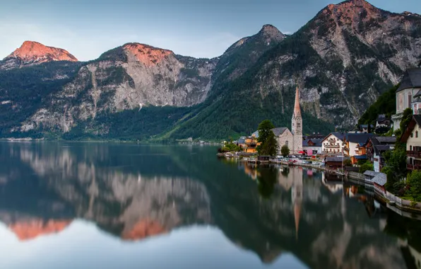 Mountains, lake, home, Austria, Hallstatt