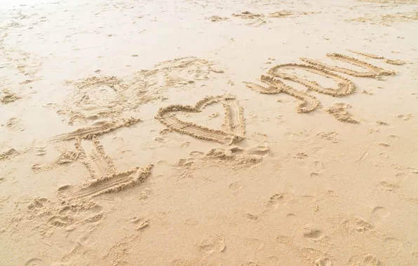 Sand, sea, beach, love, heart, love, beach, I love you
