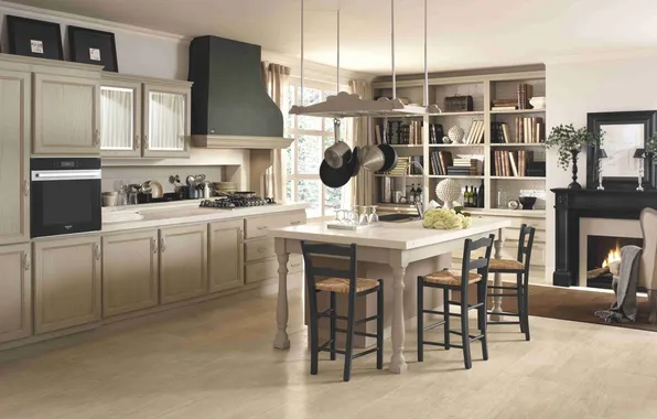 Style, Villa, interior, chair, Italy, kitchen, fireplace, library