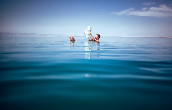 Wave, the sky, clouds, reflection, shore, mirror, newspaper, male