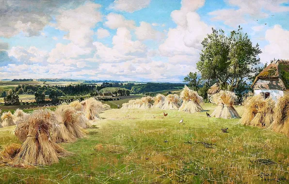 Clouds, Field, House, Picture, Peder Mork Monsted, Stack, Peder Mørk Mønsted, Danish painter