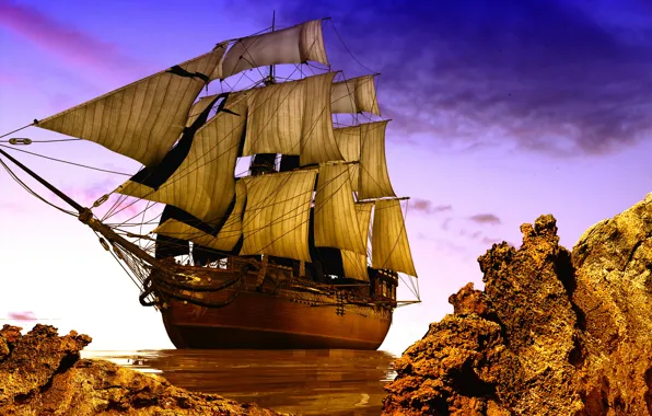 Photo, Rocks, Ship, Sailboat, 3D Graphics