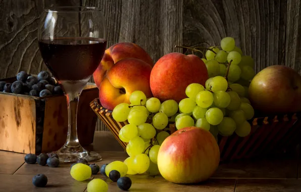Green, berries, table, box, wine, apples, Board, glass