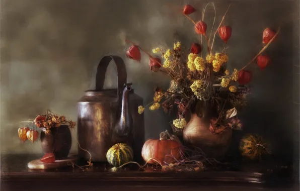 Flowers, metal, table, bouquet, blur, kettle, dry, pumpkin