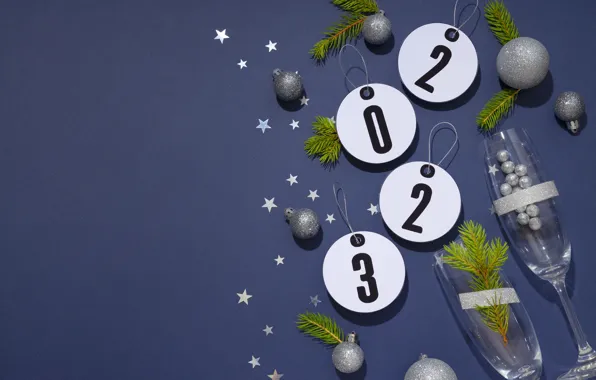Balls, branches, silver, glasses, figures, New year, round, mugs