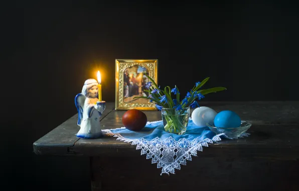 Picture glass, table, holiday, candle, eggs, angel, Easter, primroses