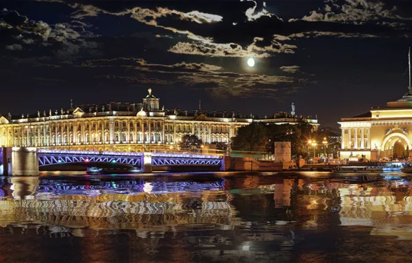 Night, reflection, the moon, The Hermitage, calm, The Admiralty, St. Petersburg, The Winter Palace