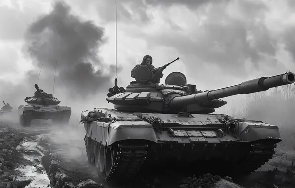 Smoke, Retro, Dirt, Tanks, Digital art, Black and white, Tanker, AI art