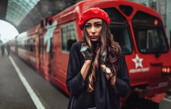 Picture girl, station, train, coat, takes, cold