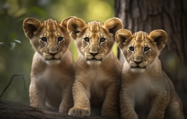 Look, nature, tree, portrait, log, company, lions, the cubs