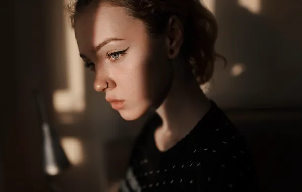 Close-up, face, model, portrait, makeup, piercing, hairstyle, brown hair