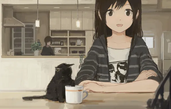 Picture cat, smile, girls, anime, art, Cup, shion, mirudakemann
