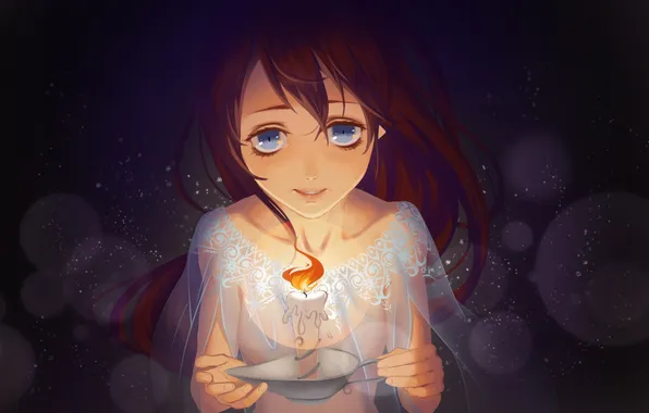 Picture girl, smile, fire, candle, anime, art, shou shizuku