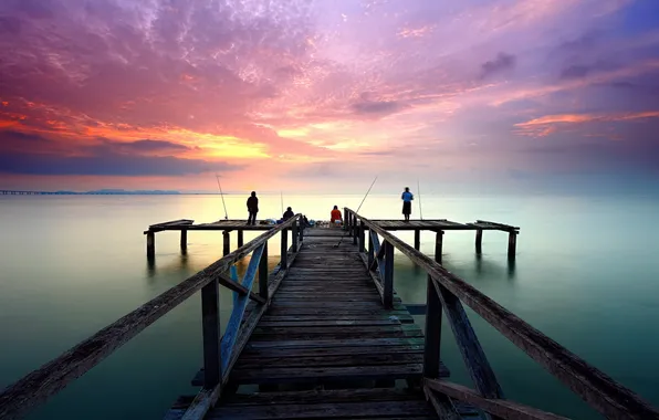 Picture sunset, bridge, fishermen