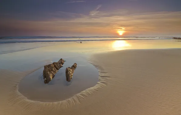 Sand, sea, the sky, sunset, stones, shore, the evening, Spain