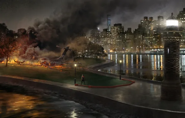 Trees, night, the city, lights, fiction, fire, smoke, figure