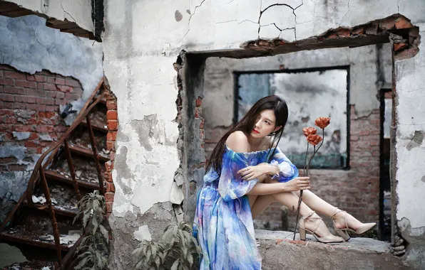 Girl, flowers, cracked, pose, wall, blue, feet, dress